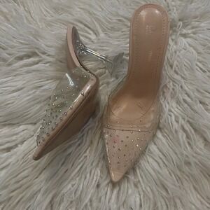 Cape Robbin Womens Studded Bejeweled Clear Pointed Toe Heels Brown Size 6.5M